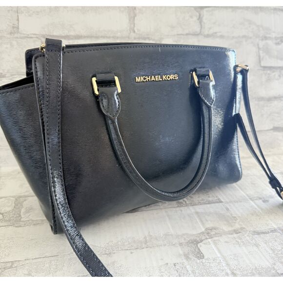 Michael Kors Selma Blue Patent Leather Tote Satchel Bag (stains) - Picture 1 of 8